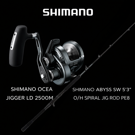 Shimano Ocea Jigger LD 2500MG lever drag jigging reel paired with Shimano Abyss SW PE8 spiral overhead jig rod offshore fishing combo on black background