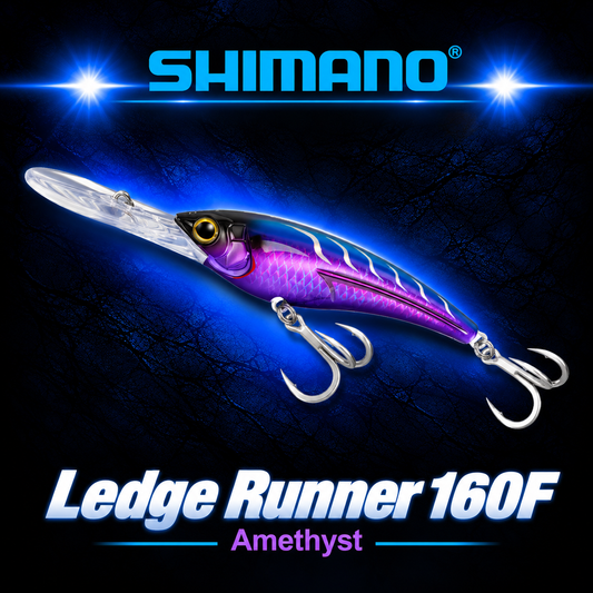 Shimano Ledge Runner 160F Amethyst bibbed trolling lure with reflective purple and blue finish, clear diving bib and twin treble hooks.