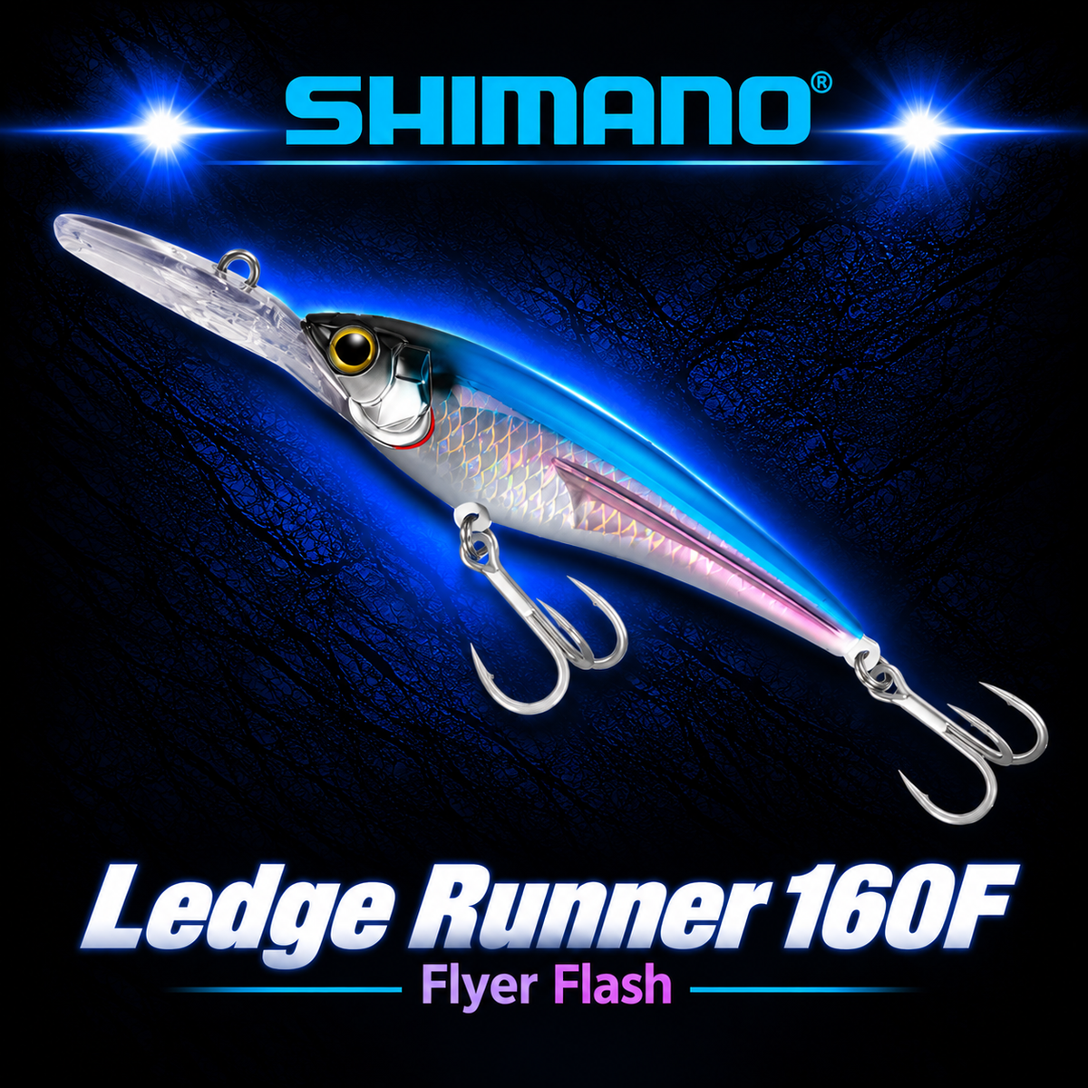 Shimano Ledge Runner 160F Flyer Flash bibbed trolling lure with blue, silver and pink reflective finish and twin treble hooks.