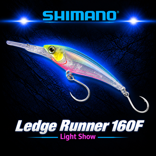 Shimano Ledge Runner 160F Light Show bibbed trolling lure with translucent blue, chartreuse and pink finish and twin single hooks.