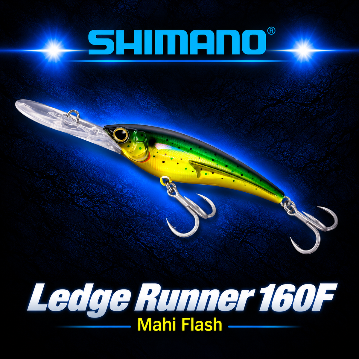 Shimano Ledge Runner 160F Mahi Flash bibbed trolling lure with green and yellow baitfish finish and twin treble hooks.