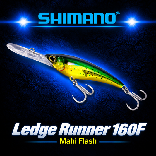 Shimano Ledge Runner 160F Mahi Flash bibbed trolling lure with green and yellow baitfish finish and twin treble hooks.