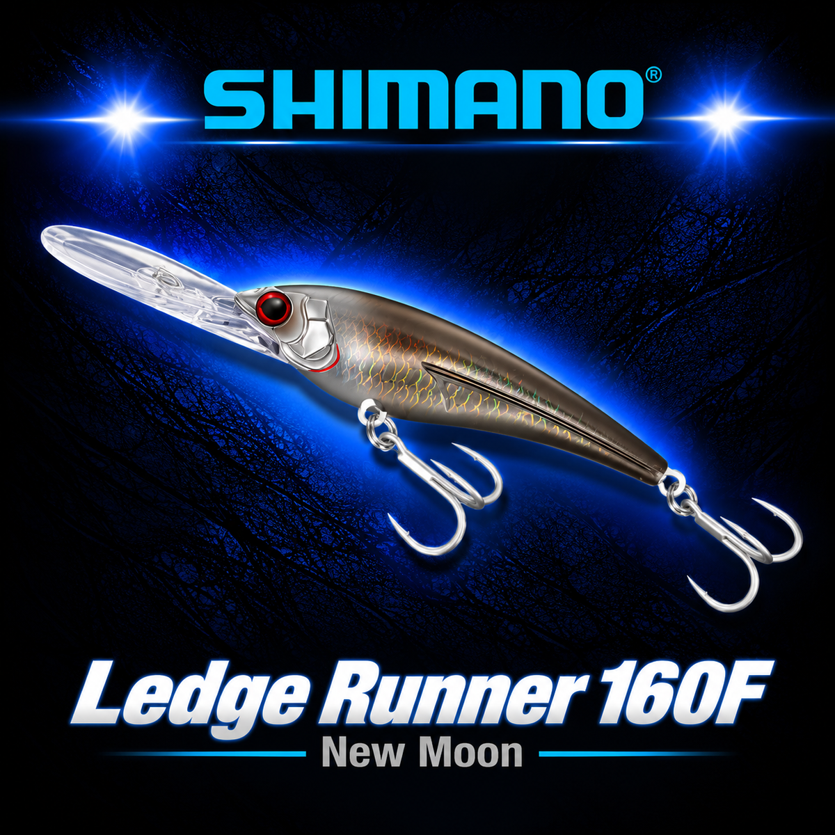 Shimano Ledge Runner 160F New Moon bibbed trolling lure with dark metallic holographic finish, red eye and twin treble hooks.