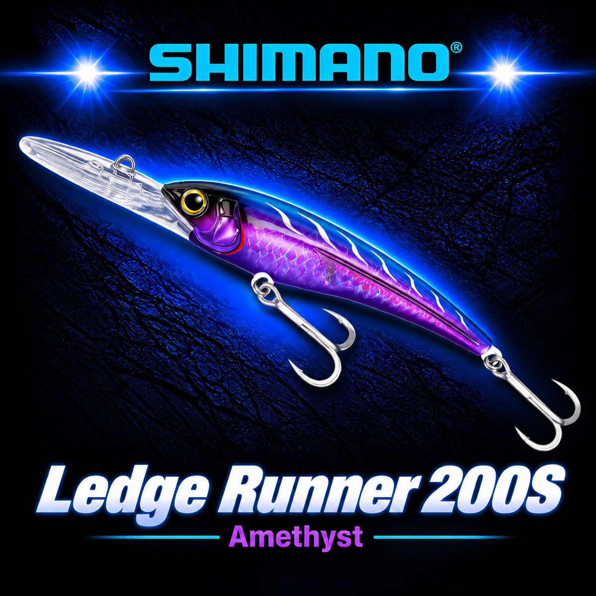 Shimano Ledge Runner 200S Amethyst offshore trolling lure with reflective purple and blue finish, clear diving bib and heavy-duty hooks.