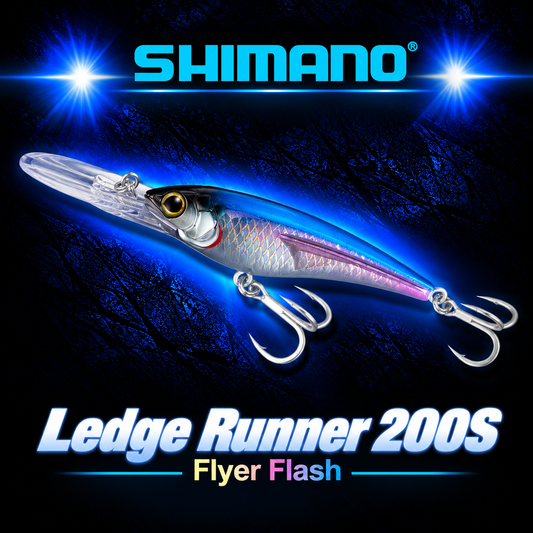 Shimano Ledge Runner 200S Flyer Flash trolling lure with blue back, reflective silver and pink body, clear diving bib and twin treble hooks.