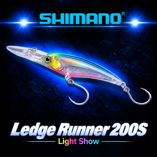 Shimano Ledge Runner 200S Light Show trolling lure with translucent reflective body, blue back, chartreuse head, pink highlights and twin single hooks.