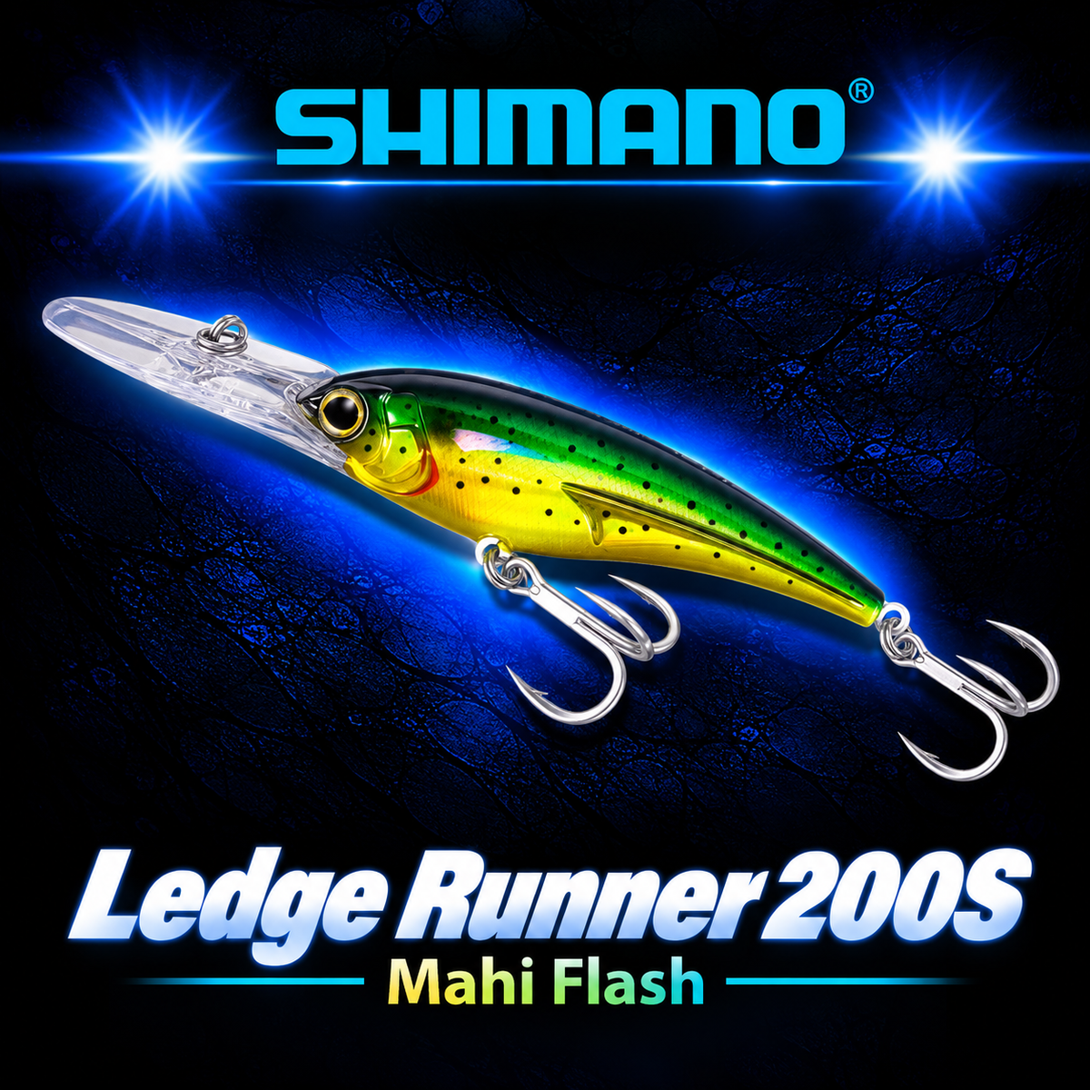 Shimano Ledge Runner 200S Mahi Flash diving lure with green and yellow-gold spotted finish, clear diving bib and heavy-duty hooks.