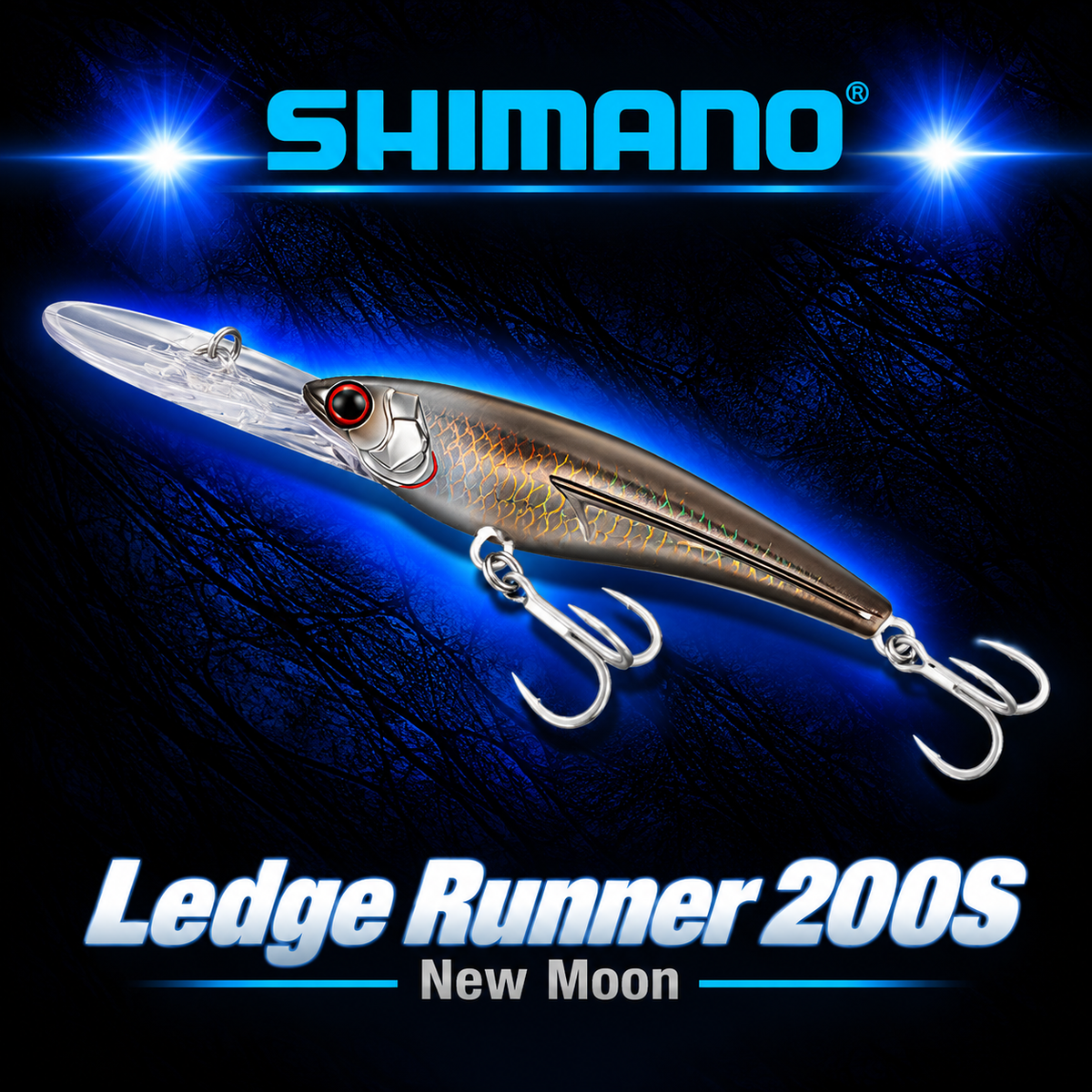 Shimano Ledge Runner 200S New Moon trolling lure with dark metallic holographic finish, red eye, clear diving bib and heavy-duty hooks.