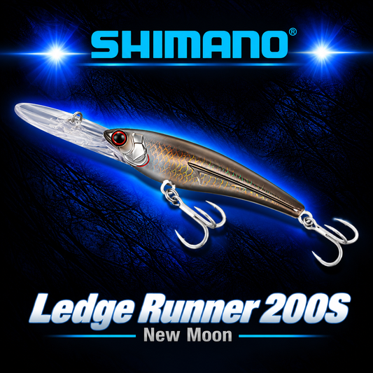 Shimano Ledge Runner 200S New Moon trolling lure with dark metallic holographic finish, red eye, clear diving bib and heavy-duty hooks.
