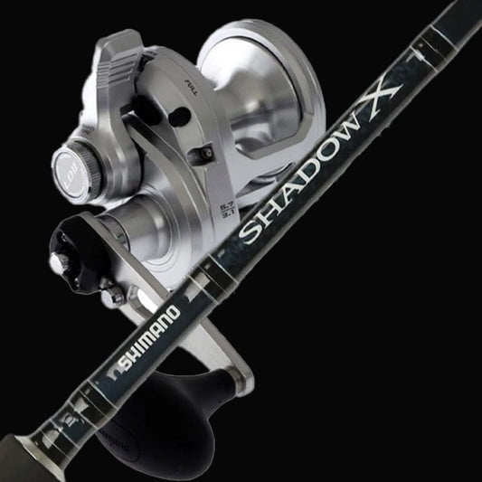 Shimano SpeedMaster 12 II two-speed overhead reel with Shadow X 6'3 one-piece 10-15kg game fishing rod combo