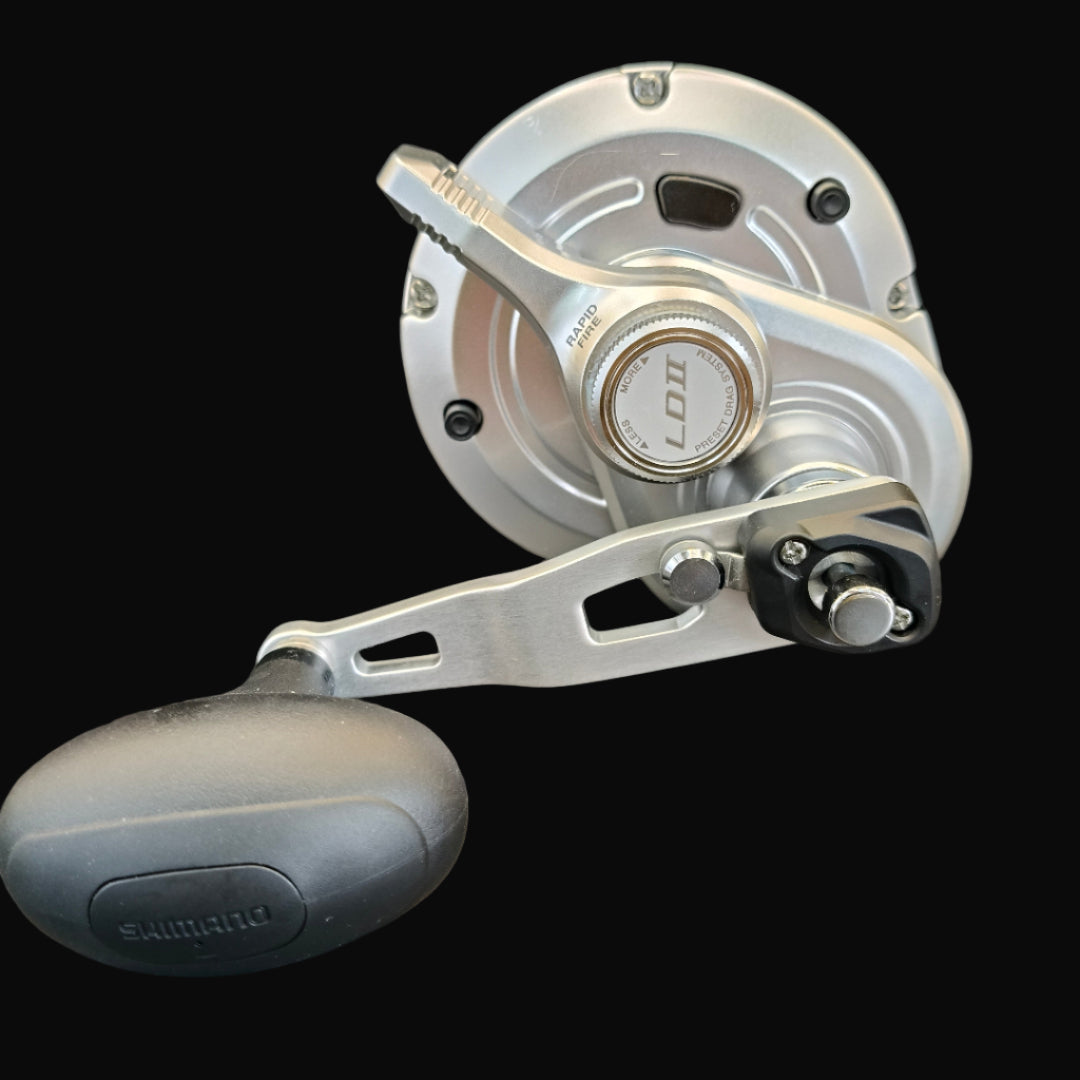 Shimano Speedmaster 20II 2-speed lever drag reel – high-performance aluminium saltwater reel with Cross Carbon Drag and dual-speed gearing.