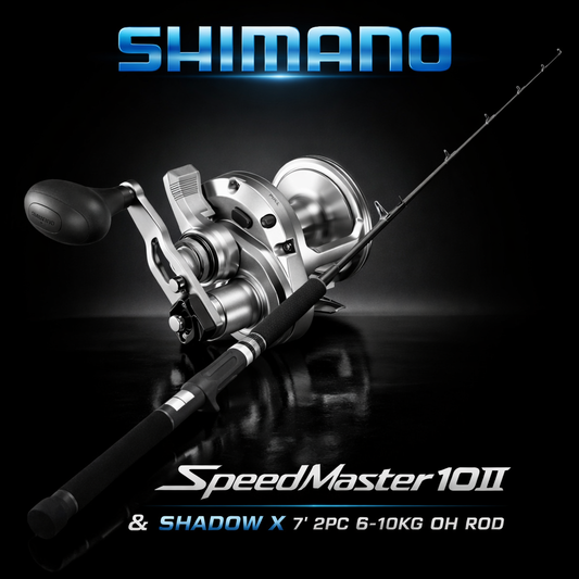 Shimano Speedmaster 10II overhead reel with Shimano Shadow X 7 foot 2 piece 6-10kg overhead rod combo on black background.