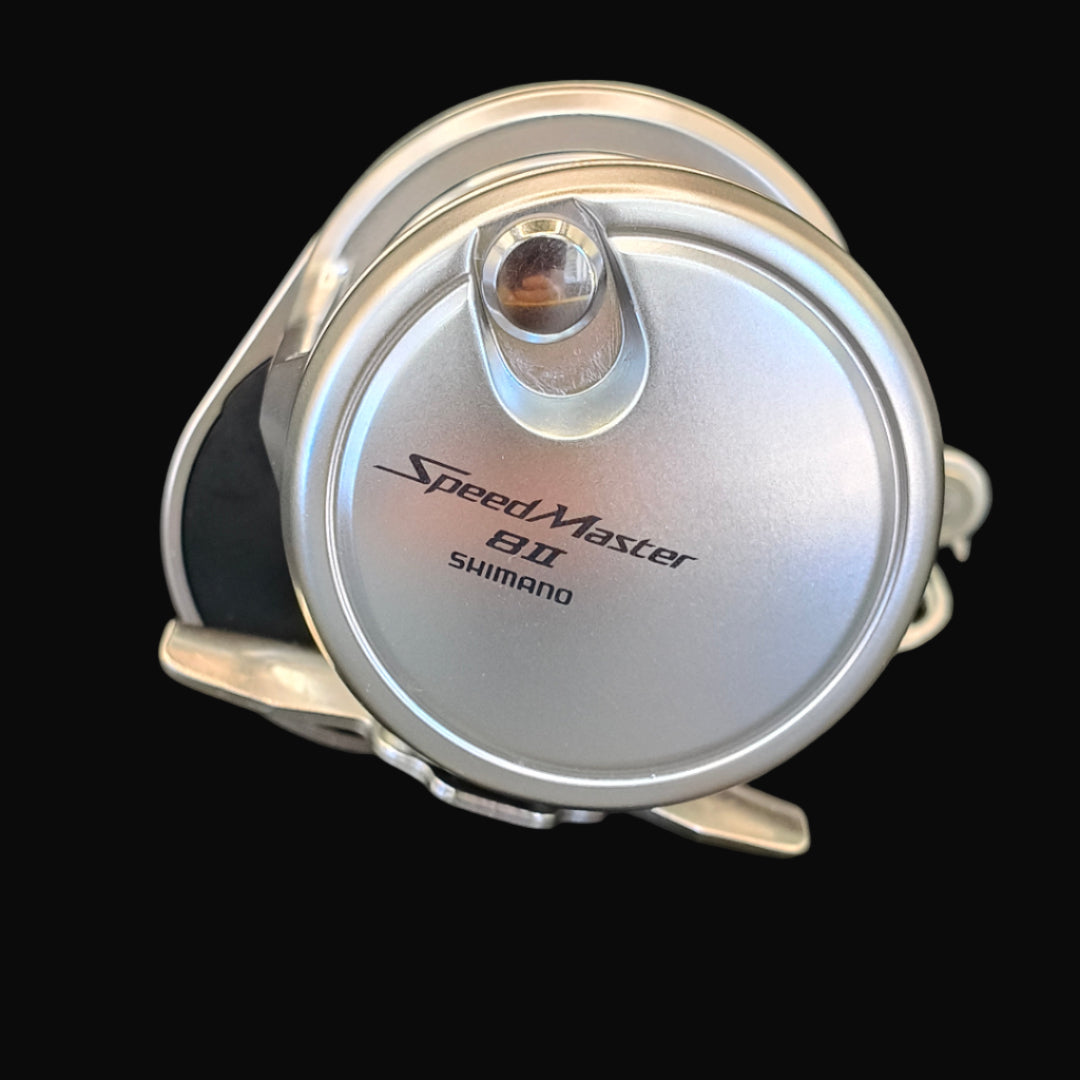 Shimano Speedmaster 8II 2-speed lever drag reel – compact aluminium saltwater reel with smooth Cross Carbon Drag and dual-speed gearing.