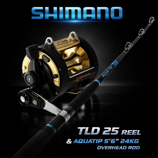 Shimano TLD 25 overhead reel with Shimano Aquatip 5 foot 6 inch 24kg boat rod combo.