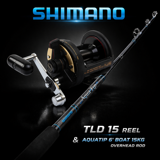 Shimano TLD 15 overhead reel with Shimano Aquatip 6 foot 15kg boat rod combo.