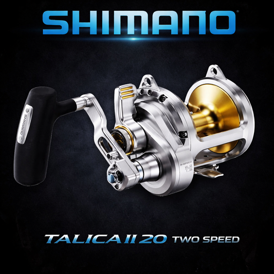 Shimano Talica II 20A two speed lever drag fishing reel on black background with Shimano logo
