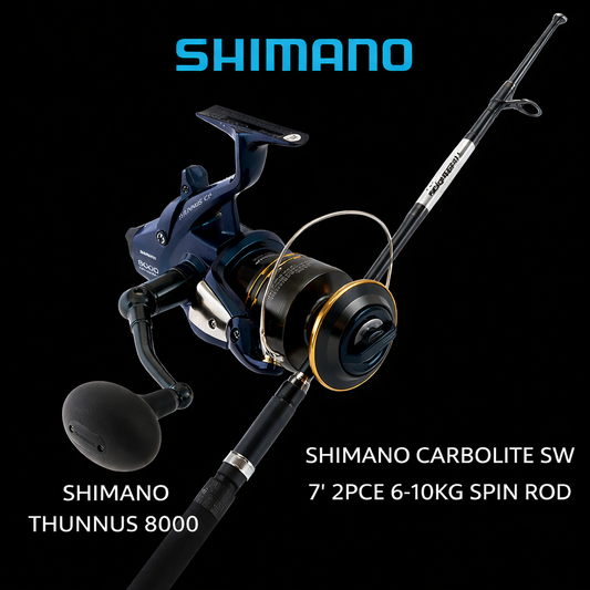 Shimano Thunnus 8000 baitrunner reel with Shimano Carbolite SW spin rod combo