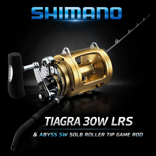 Shimano Tiagra 30W LRS reel with Abyss SW 50lb roller tip game fishing rod