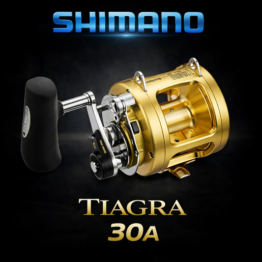 Shimano Tiagra 30A game fishing reel on black background with Shimano logo, high-performance two-speed offshore reel
