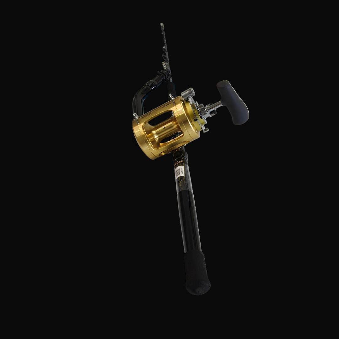 Shimano Tiagra 50WLRS game fishing reel and Shimano Abyss 80lb twin butt rod with Alps roller feeder guide and roller tip. 
