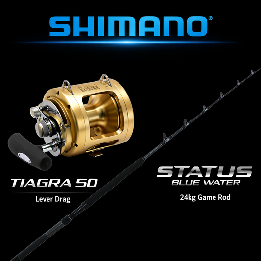 Shimano Tiagra 50 lever drag reel with Shimano Status Blue Water 24kg game rod