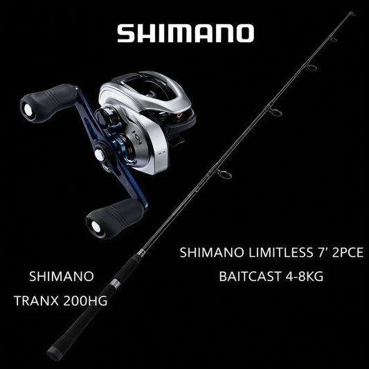 Shimano Tranx 200HG baitcasting reel paired with Shimano Limitless 7ft 4-8kg baitcast fishing rod combo on black background.