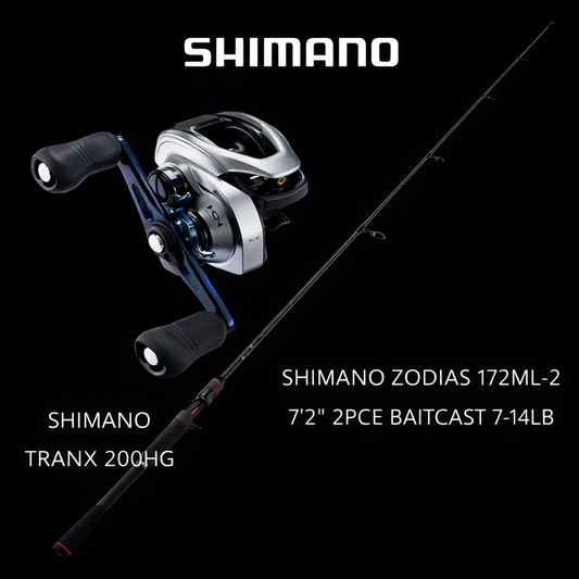Shimano Tranx 200HG overhead reel paired with Shimano Zodias 172ML-2 7'2 inch two piece baitcast fishing rod combo on black background