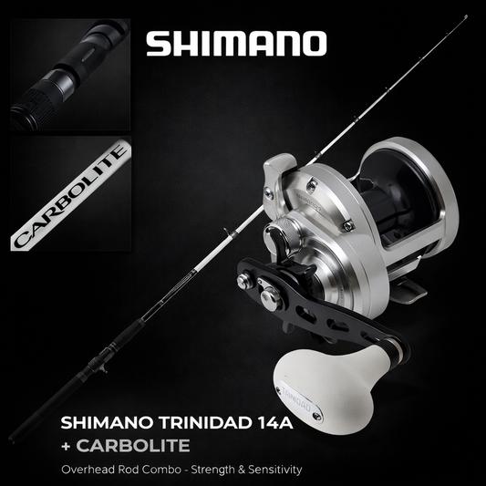 Shimano Trinidad 14A overhead reel paired with Shimano Carbolite 7 foot 8-10kg overhead fishing rod.