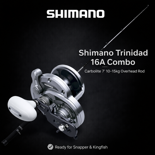 Shimano Trinidad 16A reel with Carbolite 7ft 10-15kg overhead fishing rod combo