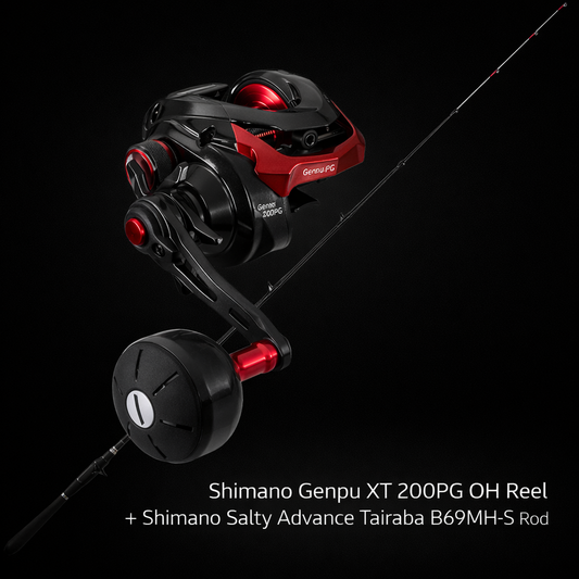 Shimano Genpu XT 200PG overhead reel mounted on Shimano Salty Advance Tairaba B69MH-S slow jigging rod on black background