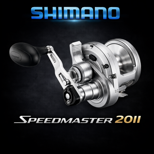 Shimano Speedmaster LD 20II lever drag reel on black background with Shimano logo, high-performance two-speed offshore fishing reel