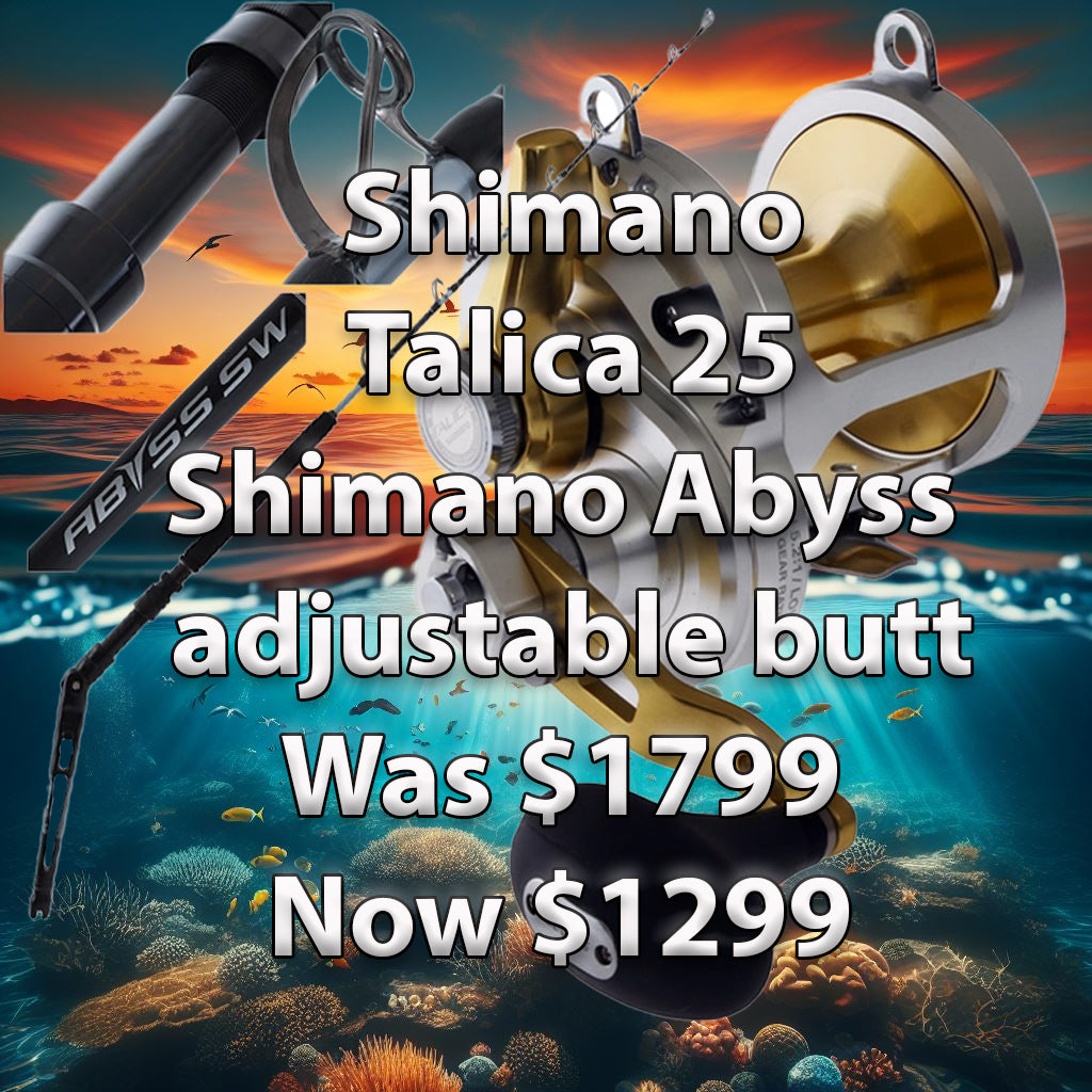 Shimano Talica 25 II-speed reel paired with Shimano Abyss 50lb adjustable butt rod – tuna fishing combo at Warren Hay Marine.