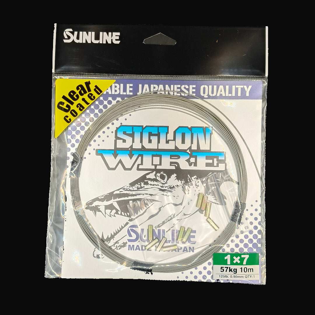 Siglon 125lb clear coated fishing wire 10m spool with included crimps for heavy-duty rigging.