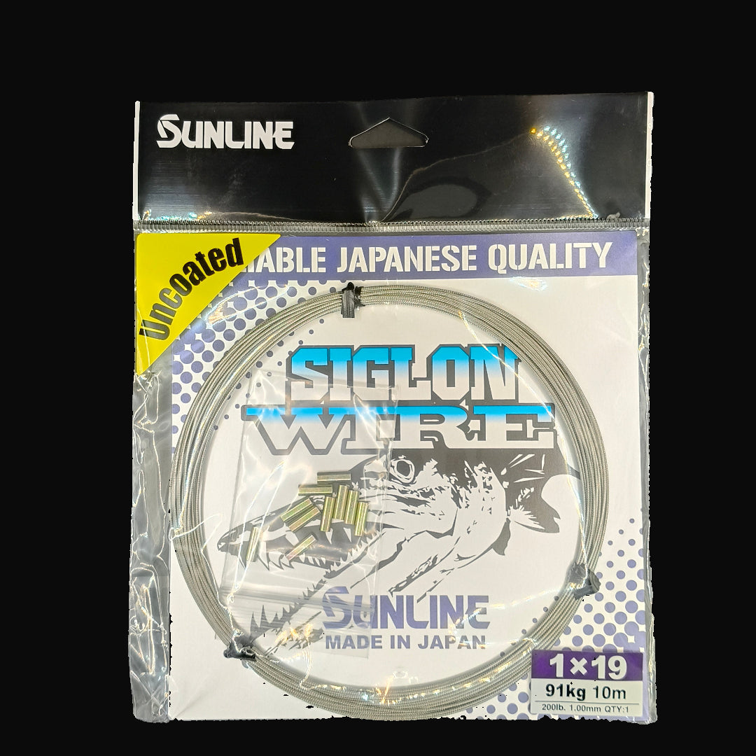Siglon 200lb uncoated stainless fishing wire 10m spool with included crimps for big-game rigging.