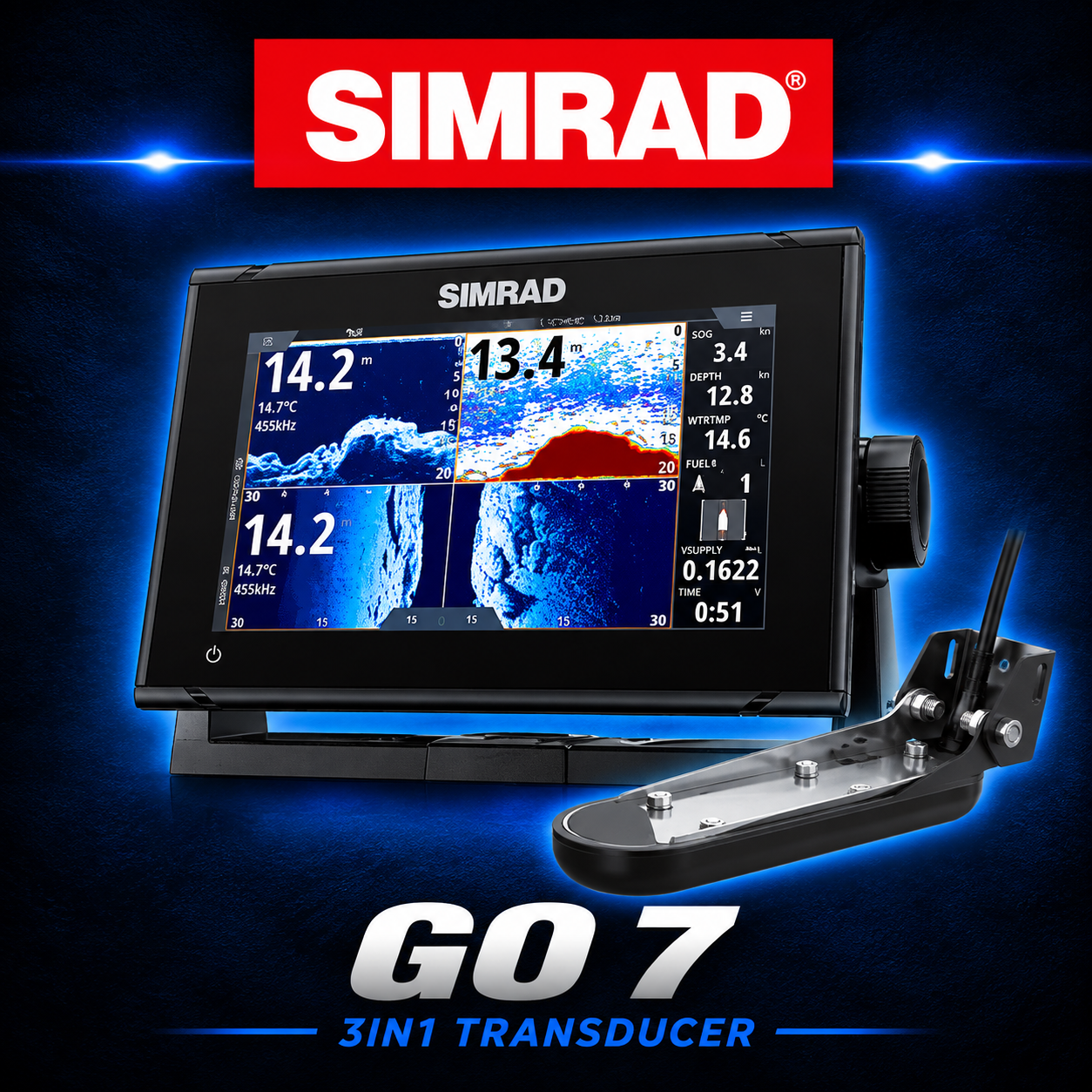 Simrad GO7 XSR 7-inch chartplotter and fish finder with Active Imaging 3-in-1 transducer.