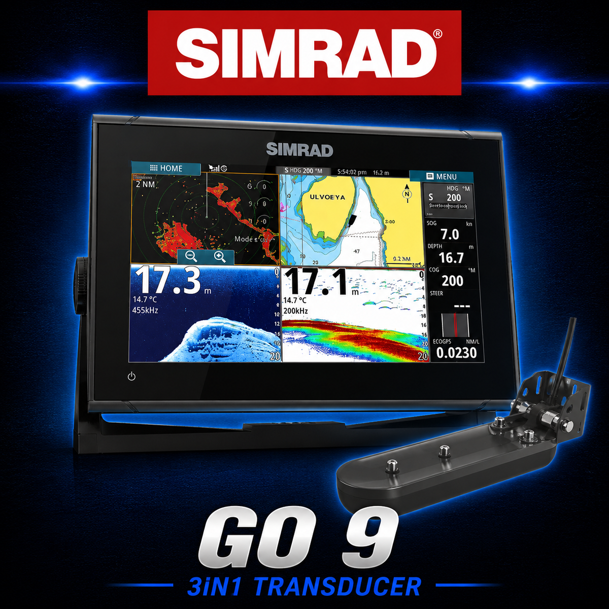 Simrad GO9 marine chartplotter and fish finder with 3-in-1 transducer for GPS navigation and sonar.