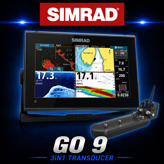 Simrad GO9 marine chartplotter and fish finder with 3-in-1 transducer for GPS navigation and sonar.