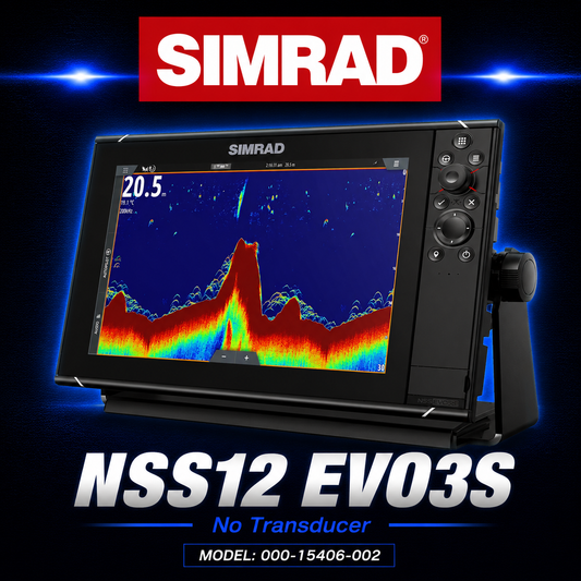 Simrad NSS12 evo3S 12-inch multifunction display with GPS chartplotter and 1kW CHIRP sonar.