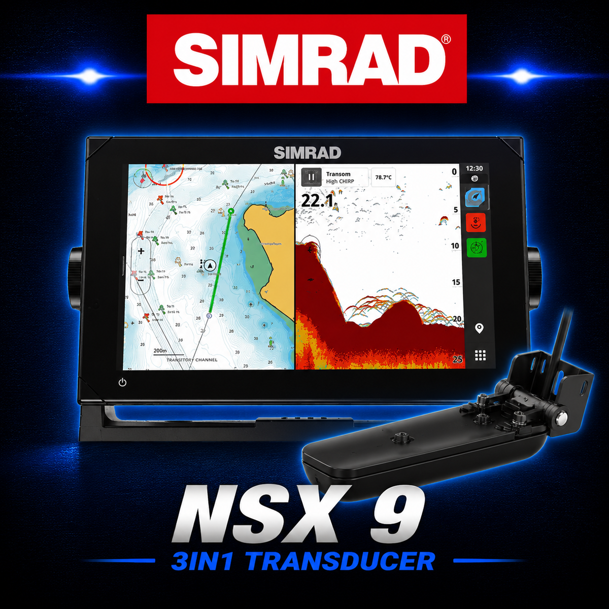 Simrad NSX 9 chartplotter and fish finder with Active Imaging 3-in-1 transducer, CHIRP, SideScan and DownScan sonar.