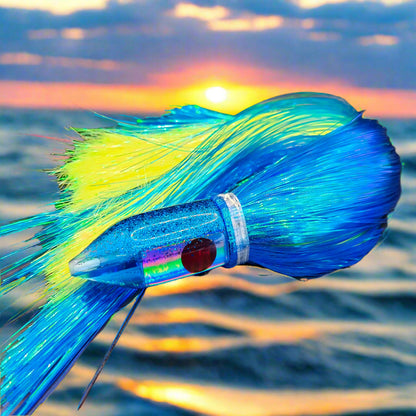 Tantrum Medium Jetpack lure skirted with vibrant Strobez skirts – available at Warren Hay Marine, Whangarei.