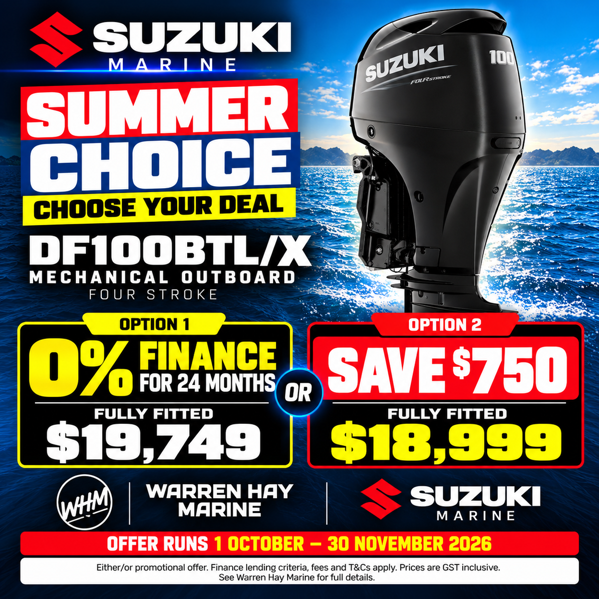 Suzuki DF100BTL/X 100hp four-stroke outboard – fully fitted Summer Choice deal at Warren Hay Marine.