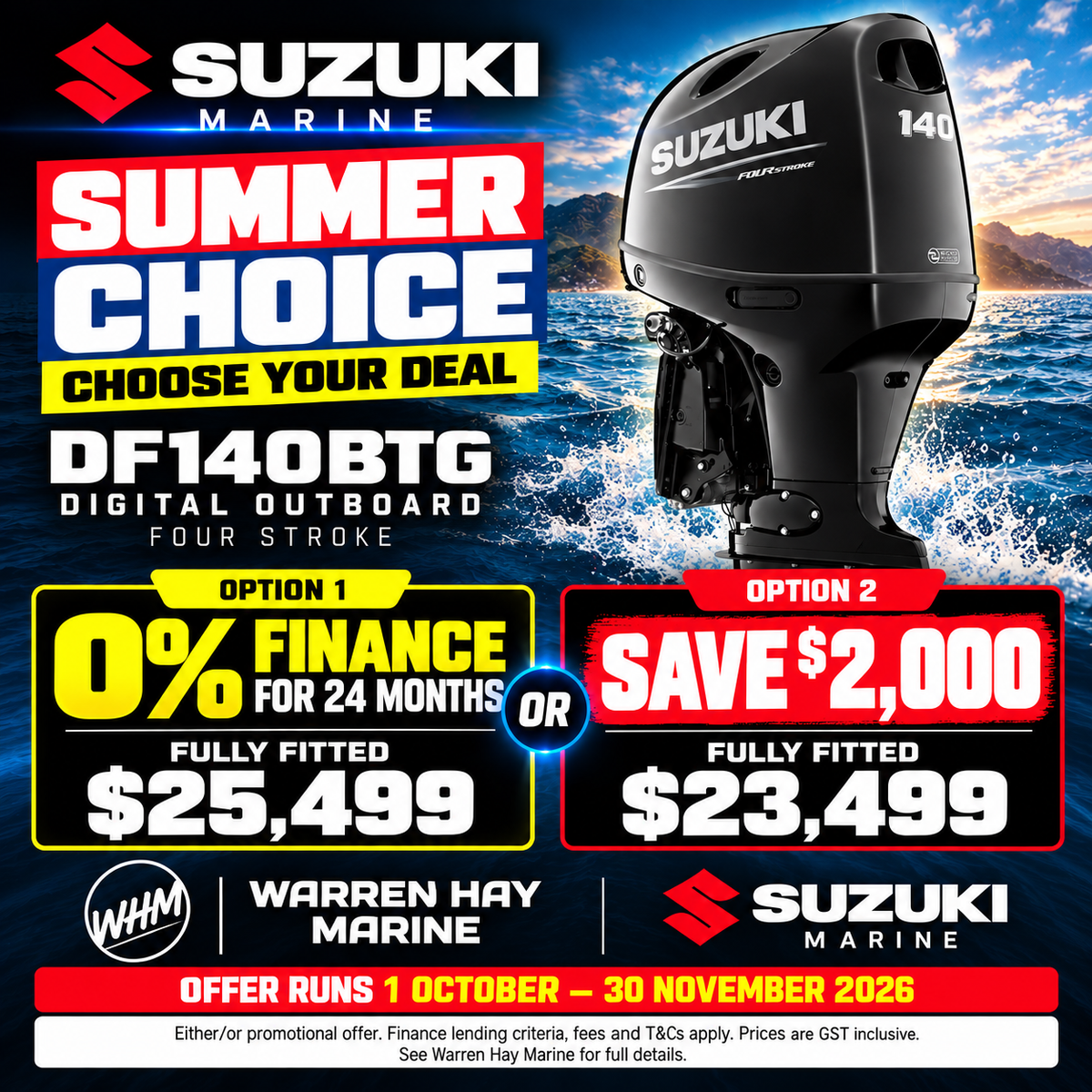 Suzuki DF140BTGL/X 140hp digital four-stroke outboard – fully fitted Summer Choice deal at Warren Hay Marine.