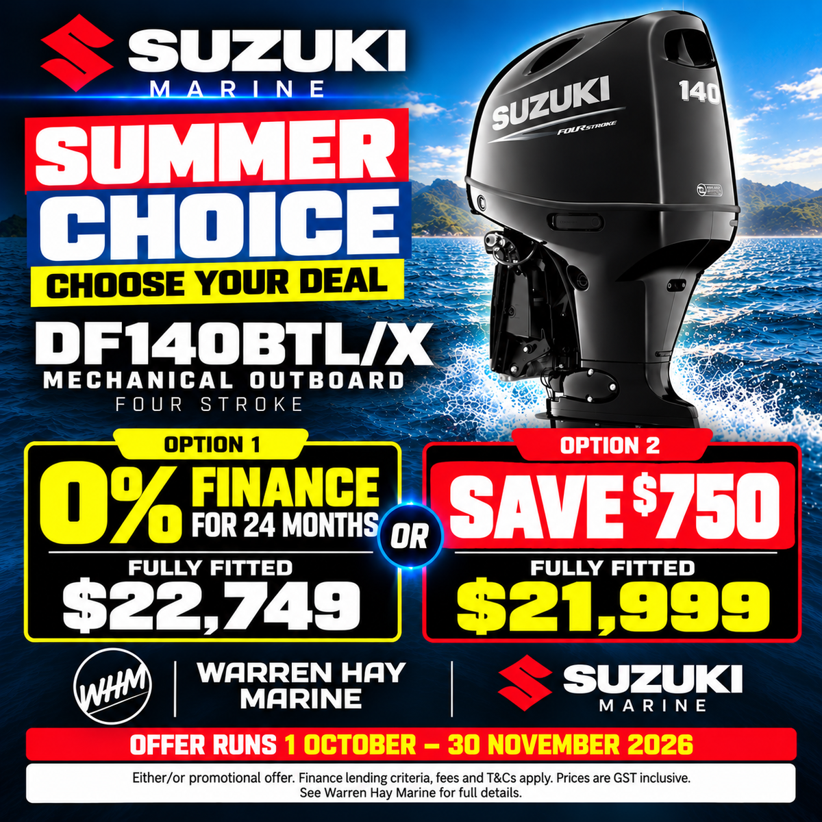 Suzuki DF140BTL/X 140hp mechanical four-stroke outboard – fully fitted Summer Choice deal at Warren Hay Marine.