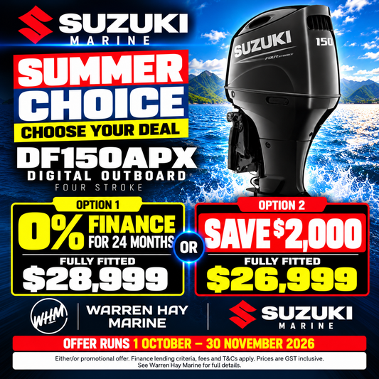 Suzuki DF150APX 150hp digital four-stroke outboard – fully fitted Summer Choice deal at Warren Hay Marine.