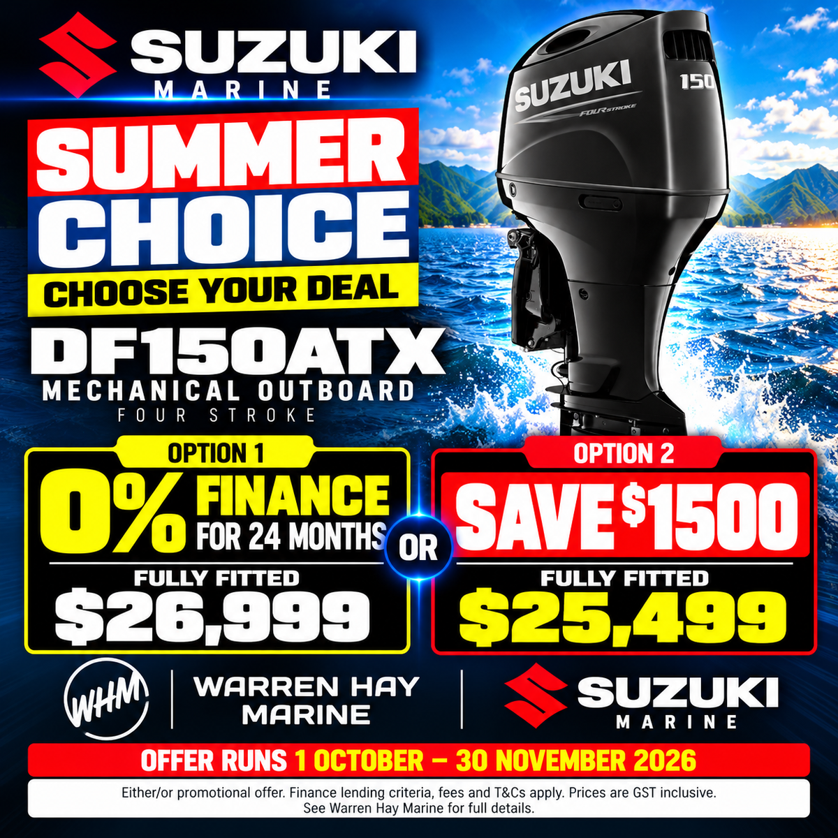 Suzuki DF150ATX 150hp mechanical four-stroke outboard – fully fitted Summer Choice deal at Warren Hay Marine.
