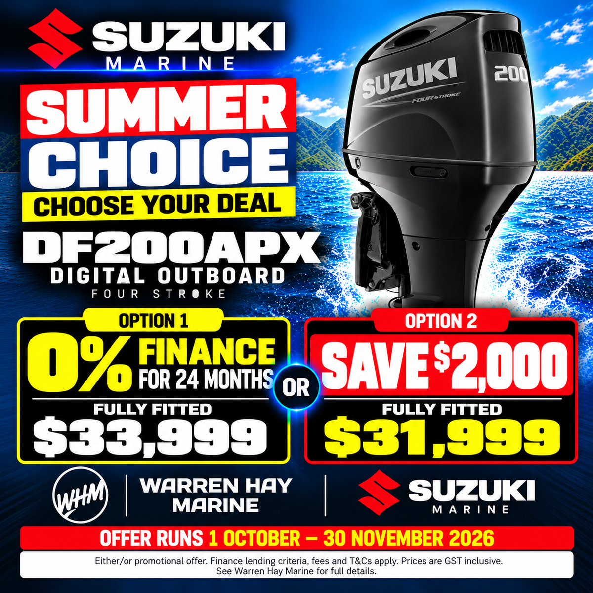 Suzuki DF200APX 200hp digital four-stroke outboard – fully fitted Summer Choice deal at Warren Hay Marine.
