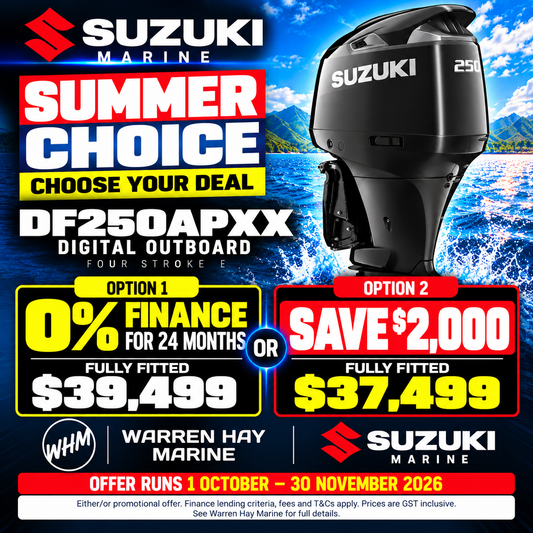 Suzuki DF250APXX 250hp digital four-stroke outboard – fully fitted Summer Choice deal at Warren Hay Marine.
