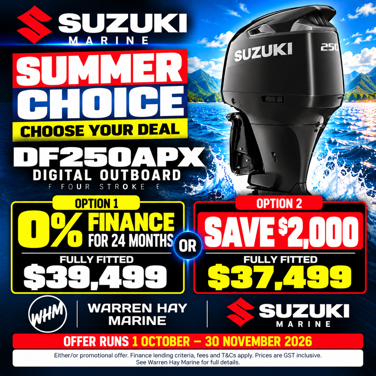 Suzuki DF250APX 250hp digital four-stroke outboard – fully fitted Summer Choice deal at Warren Hay Marine.