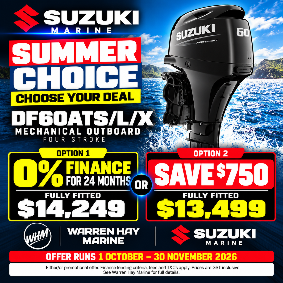 Suzuki DF60ATS/L/X 60hp four-stroke outboard – fully fitted Summer Choice deal at Warren Hay Marine.