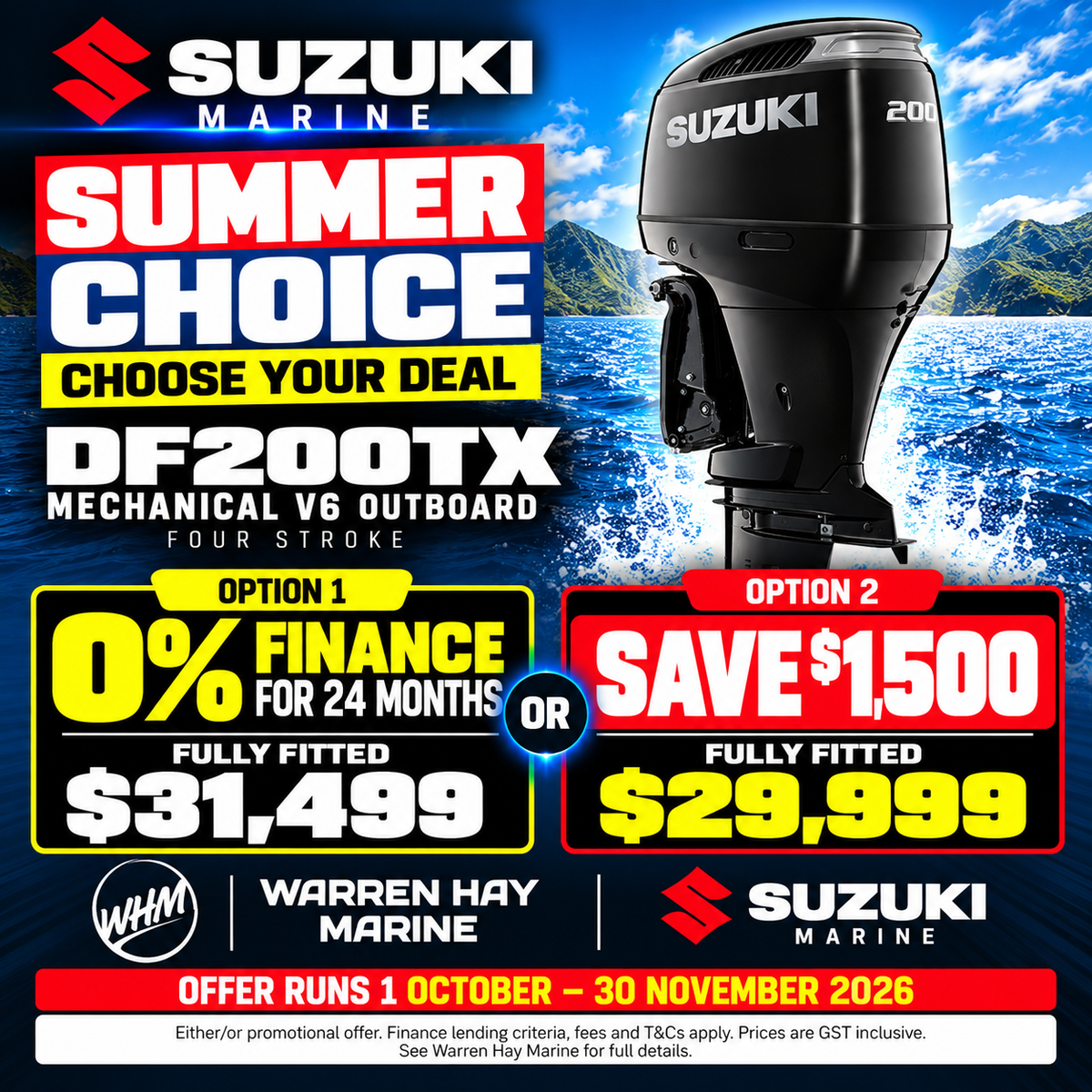 Suzuki DF200TX 200hp V6 mechanical four-stroke outboard – fully fitted Summer Choice deal at Warren Hay Marine.